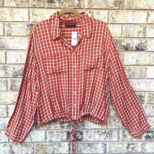 size 14 Lane Bryant flannel plaid top button down no peek cropped tie hem orange